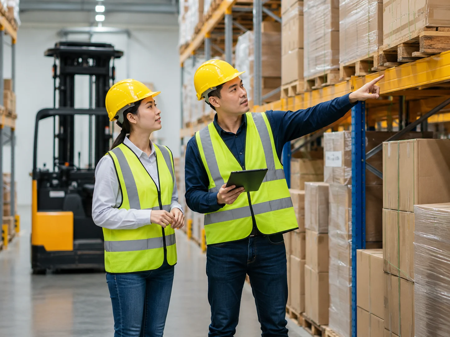 TOEIC Part 1 practice image: warehouse inspection